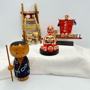 Vintage Set Of 4 Kokeshi Daruma Dolls Japan Good Fortune Perseverance